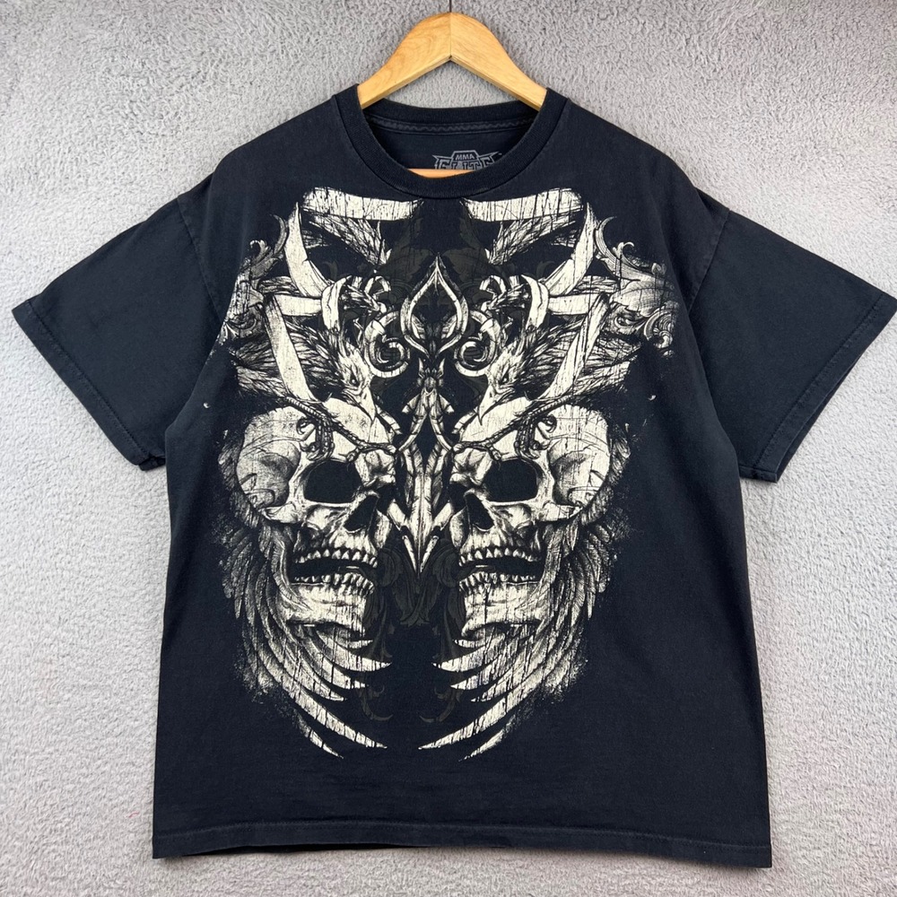 Y2K MMA Elite Skull‎ Wings Graphic T Shirt Black Mens Size L Short Sleeve Cotton